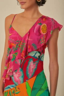 FARM Rio  Robes Midi<Robe midi à une bretelle et volants fleuris mélangés