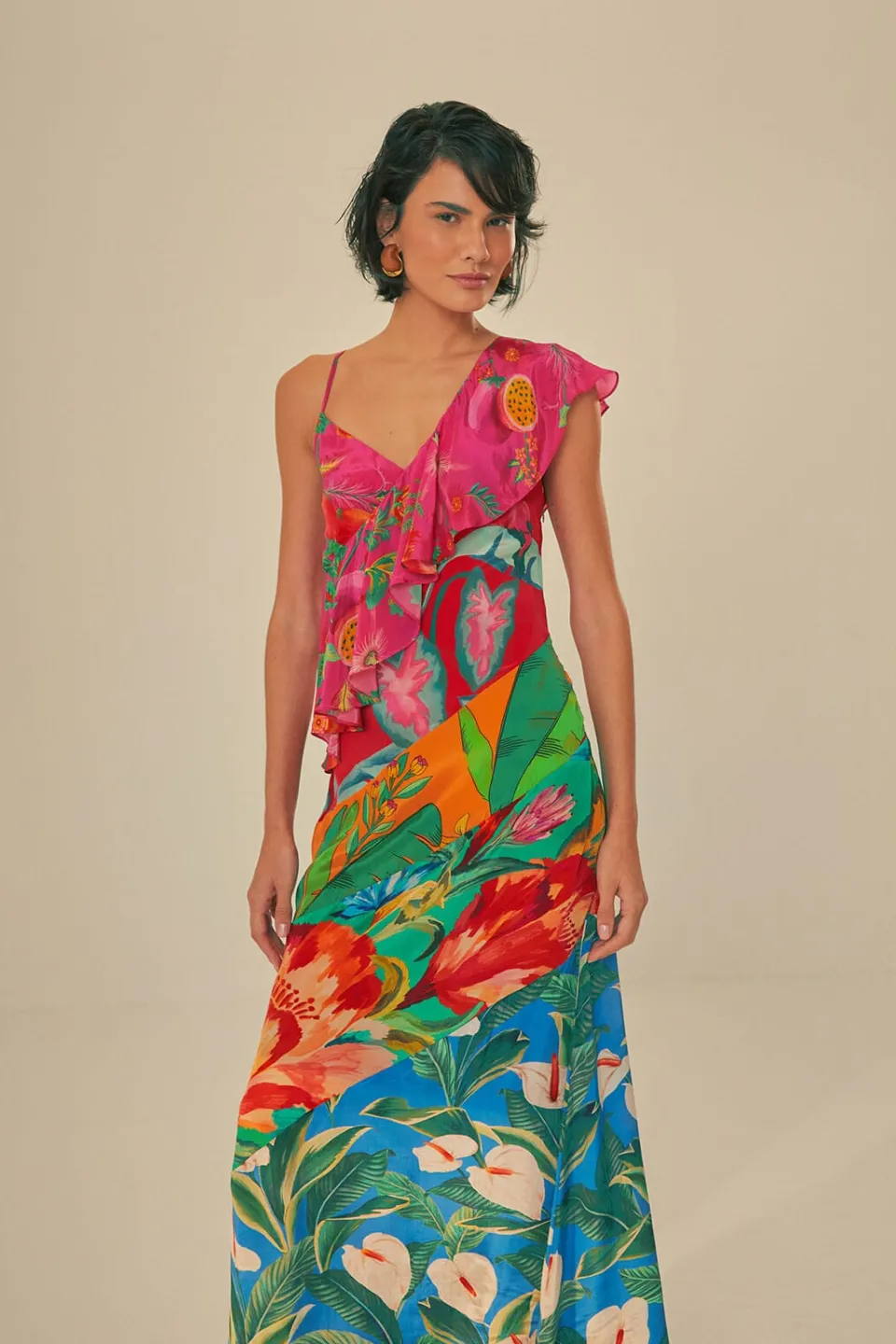 FARM Rio Robes Midi<Robe midi à une bretelle et volants fleuris mélangés