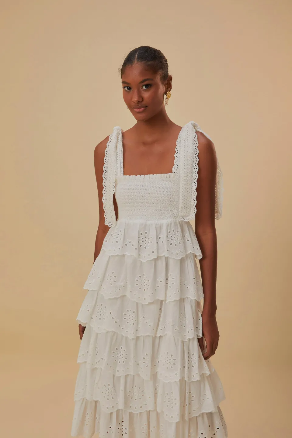 FARM Rio Robes Midi<Robe midi à volants brodés blanc cassé