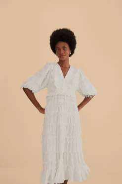FARM Rio  Robes Midi<Robe midi blanc cassé à pompons et volants