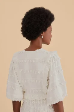 FARM Rio  Robes Midi<Robe midi blanc cassé à pompons et volants