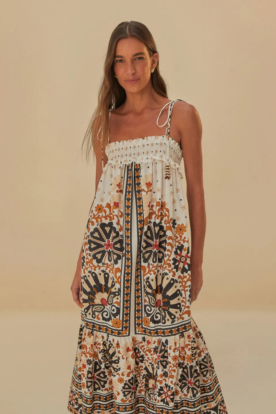 FARM Rio Robes Midi<Robe midi blanc cassé à tapisserie éventail de fleurs