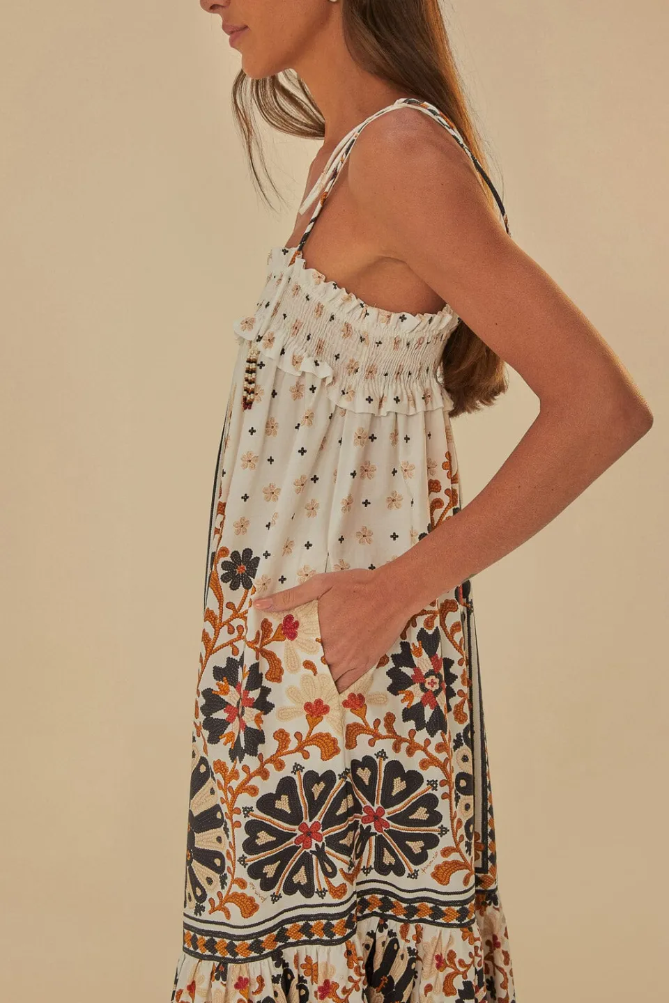 FARM Rio Robes Midi<Robe midi blanc cassé à tapisserie éventail de fleurs