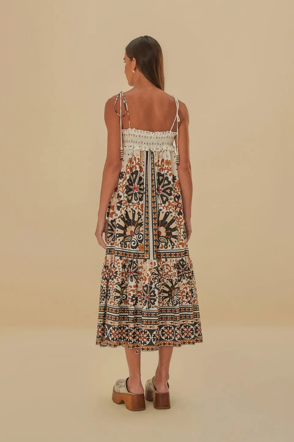 FARM Rio Robes Midi<Robe midi blanc cassé à tapisserie éventail de fleurs