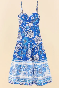 FARM Rio Robes Midi<Robe midi bleue en coton biologique pleine de fleurs