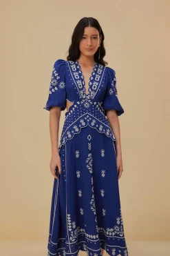 FARM Rio  Robes Midi<Robe midi brodée à découpes bleu marine