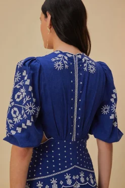 FARM Rio  Robes Midi<Robe midi brodée à découpes bleu marine