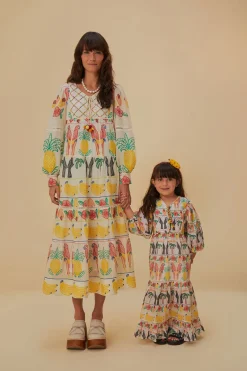 FARM Rio  Robes Midi<Robe midi brodée à empiècement Tropicolors blanc cassé