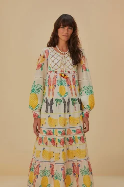FARM Rio  Robes Midi<Robe midi brodée à empiècement Tropicolors blanc cassé