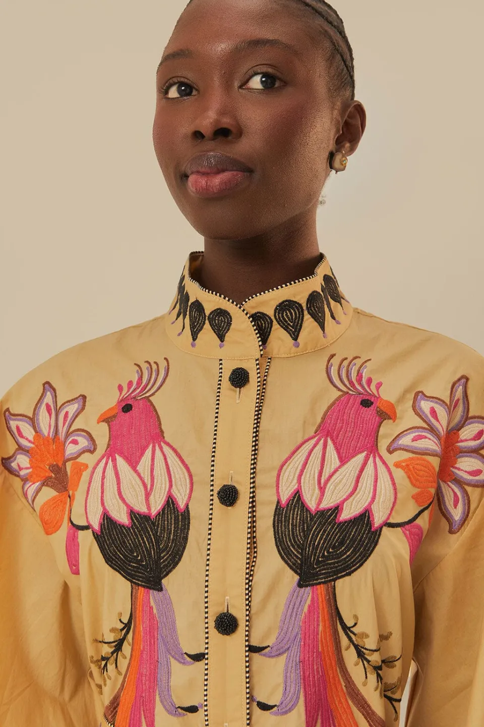 FARM Rio Robes Midi<Robe midi brodée d'oiseaux et de fleurs kaki