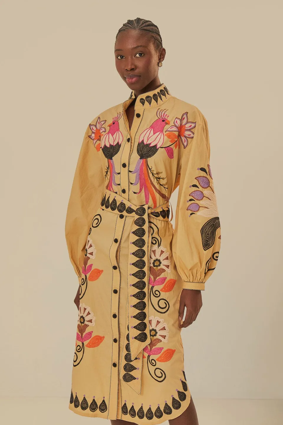 FARM Rio Robes Midi<Robe midi brodée d'oiseaux et de fleurs kaki