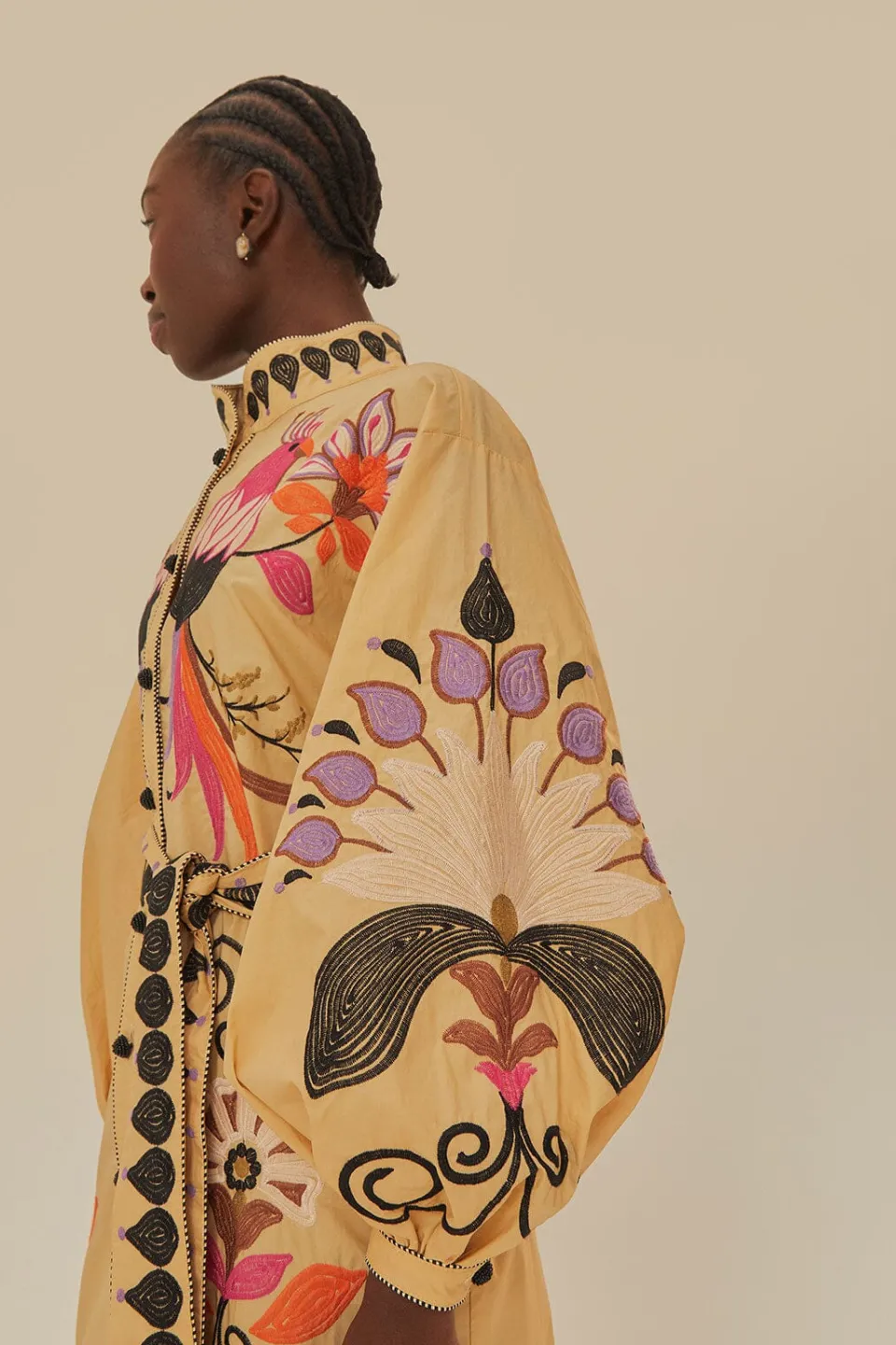 FARM Rio Robes Midi<Robe midi brodée d'oiseaux et de fleurs kaki