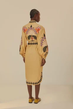 FARM Rio Robes Midi<Robe midi brodée d'oiseaux et de fleurs kaki