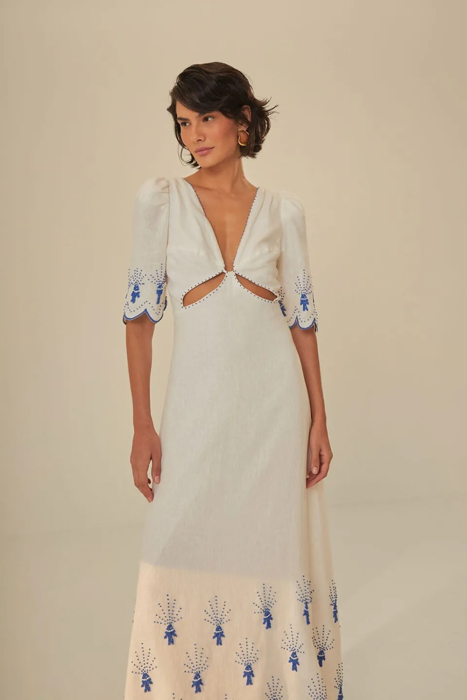 FARM Rio Robes Midi<Robe midi brodée Sea Of Fish blanc cassé