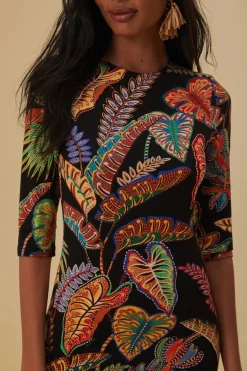 FARM Rio Robes Midi<Robe midi en jersey noir Cool Foliage