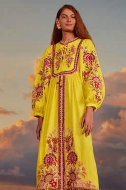 FARM Rio  Robes Midi<Robe midi jaune à tapisserie de jardin brodée