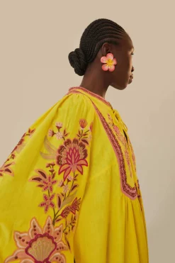 FARM Rio  Robes Midi<Robe midi jaune à tapisserie de jardin brodée