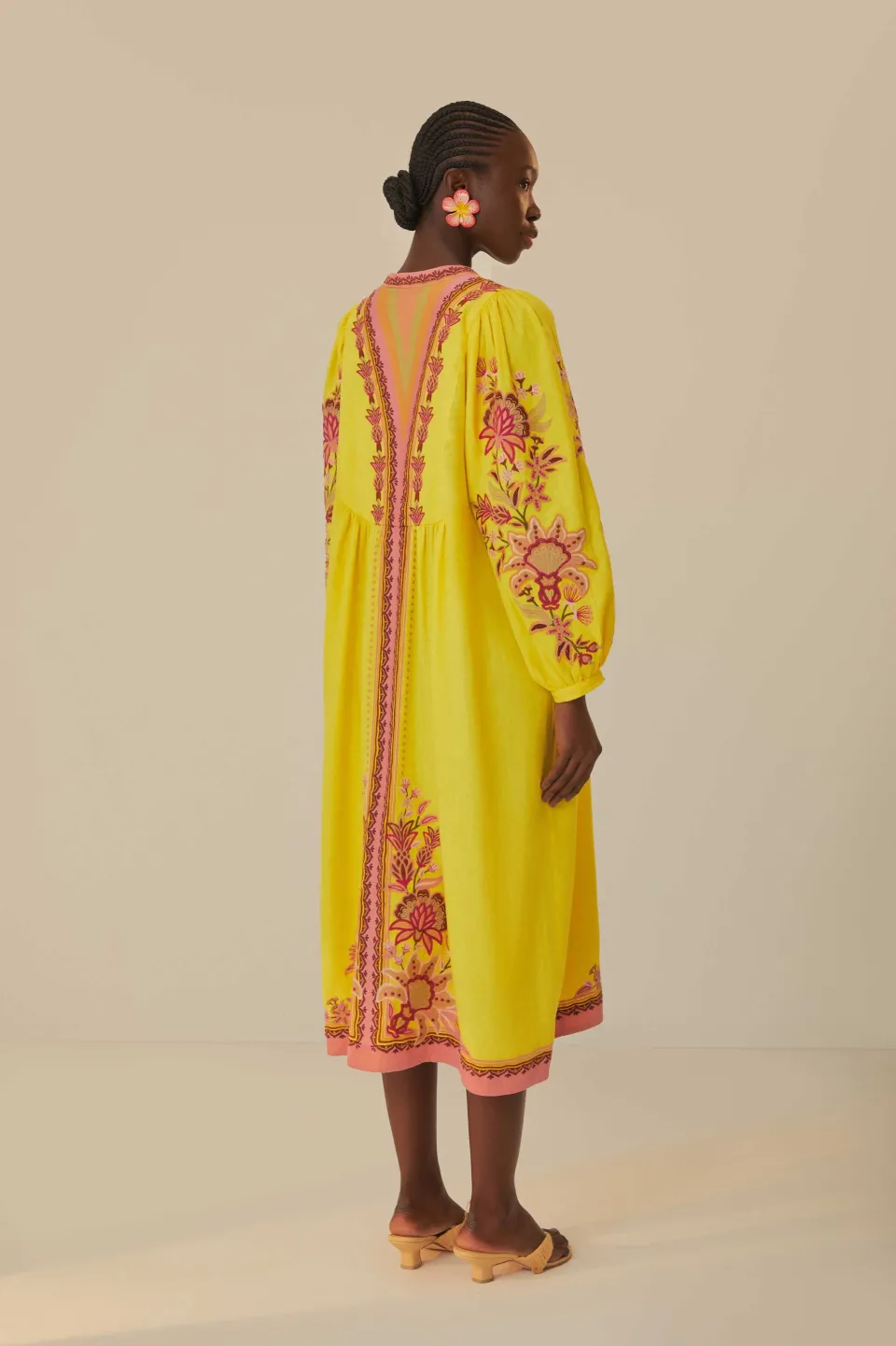 FARM Rio Robes Midi<Robe midi jaune à tapisserie de jardin brodée