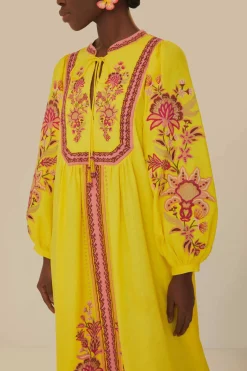 FARM Rio Robes Midi<Robe midi jaune à tapisserie de jardin brodée