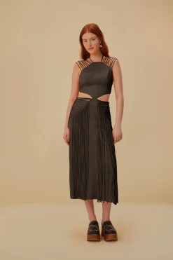 FARM Rio  Robes Midi<Robe midi marron sans manches à franges