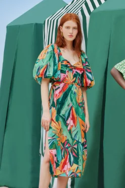 FARM Rio  Robes Midi<Robe midi multicolore à manches bouffantes et feuillage de banane