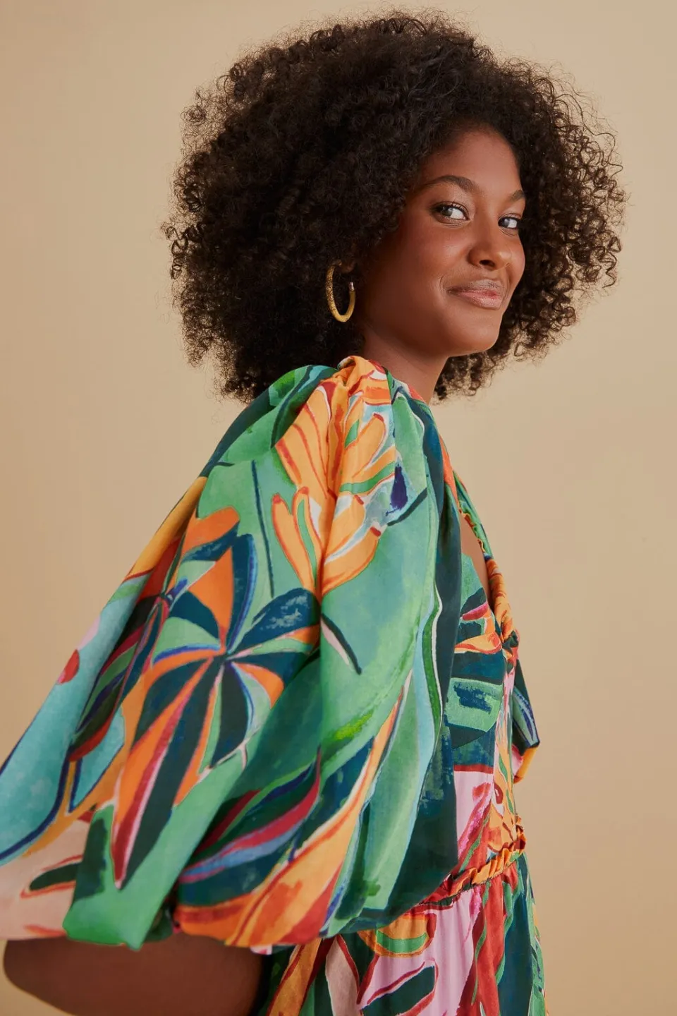 FARM Rio  Robes Midi<Robe midi multicolore à manches bouffantes et feuillage de banane