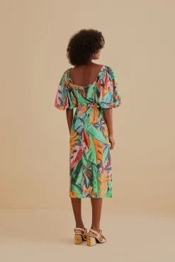 FARM Rio  Robes Midi<Robe midi multicolore à manches bouffantes et feuillage de banane