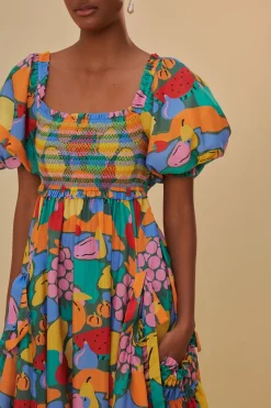 FARM Rio  Robes Midi<Robe midi multicolore à manches courtes et paysage de fruits