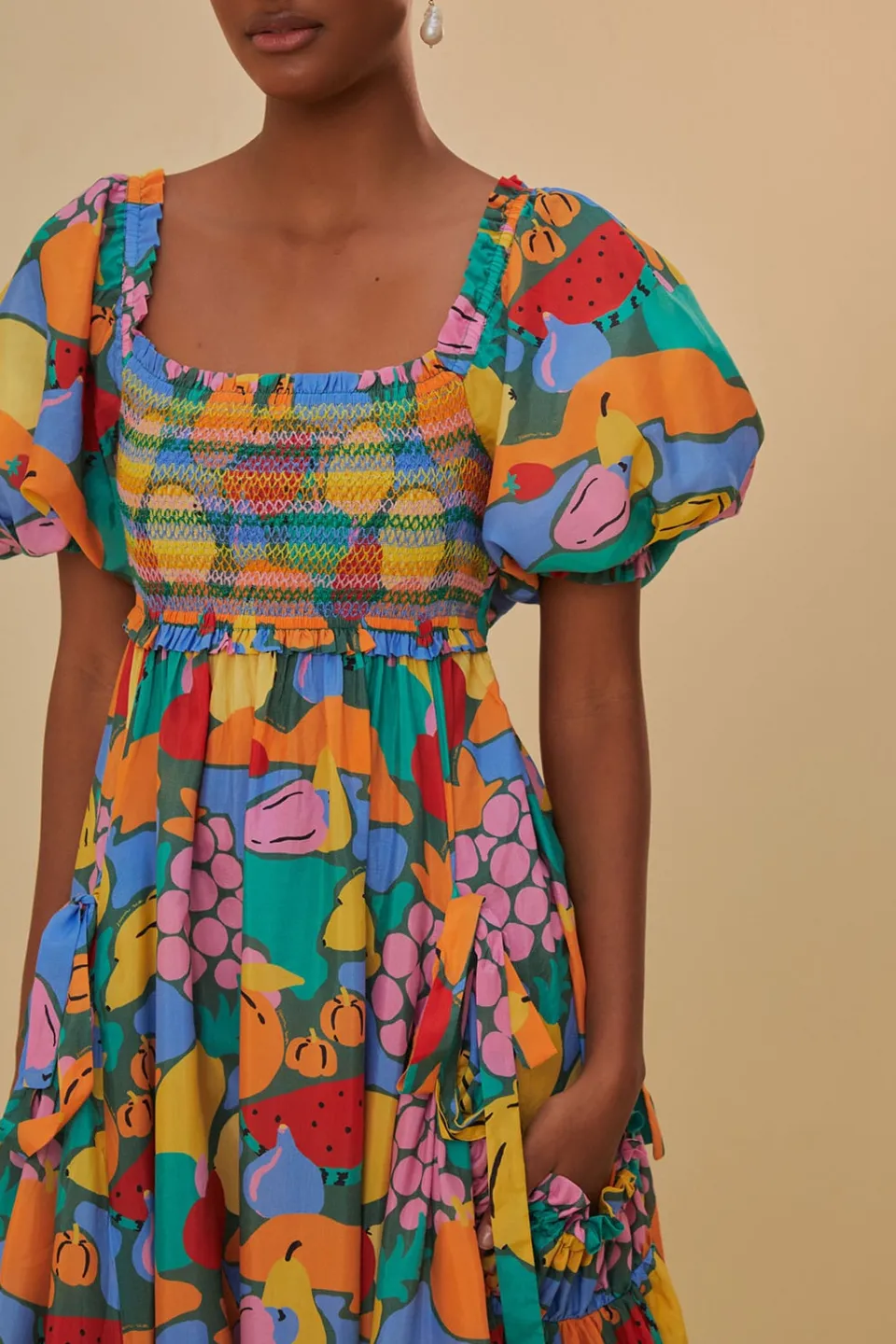 FARM Rio Robes Midi<Robe midi multicolore à manches courtes et paysage de fruits