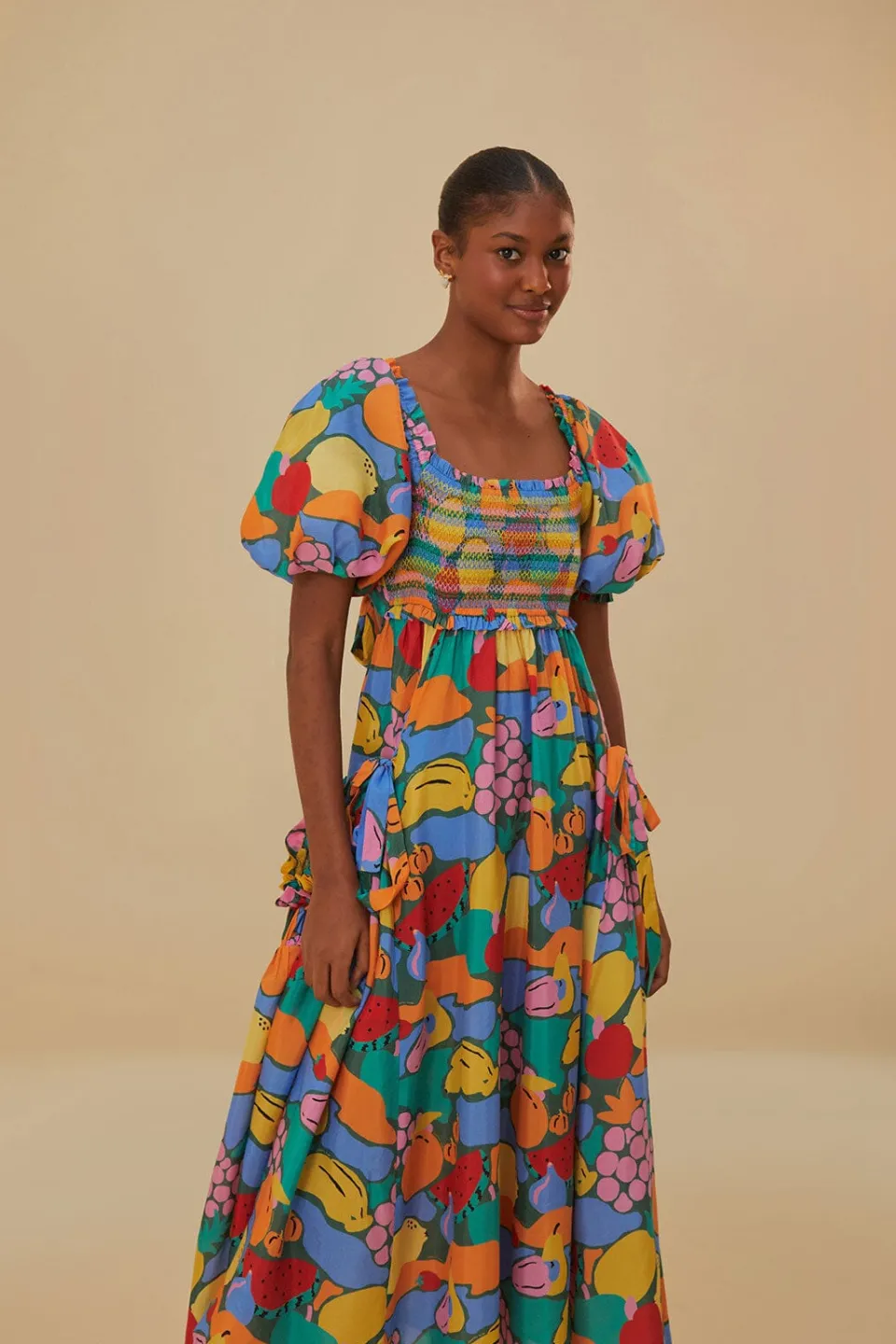 FARM Rio Robes Midi<Robe midi multicolore à manches courtes et paysage de fruits