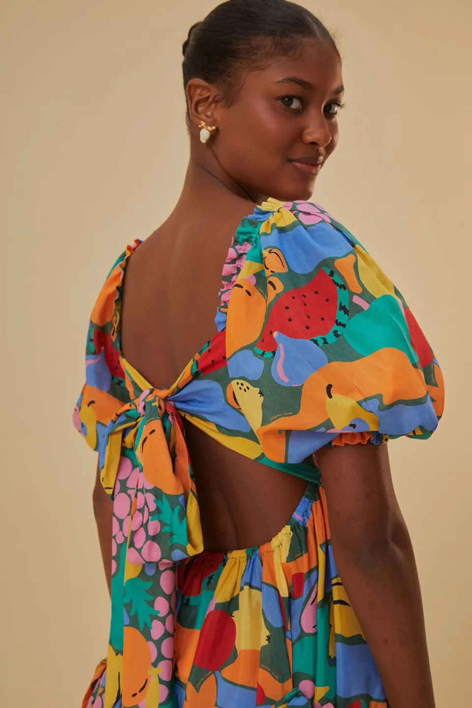 FARM Rio Robes Midi<Robe midi multicolore à manches courtes et paysage de fruits