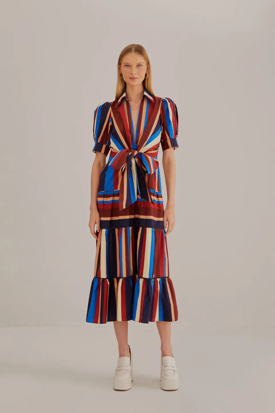 FARM Rio  Robes Midi<Robe midi multicolore à rayures hivernales à manches courtes