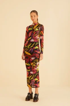 FARM Rio  Robes Midi<Robe midi noire en tulle jardin psychédélique