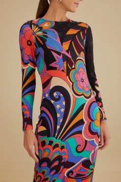 FARM Rio  Robes Midi<Robe midi noire en viscose Vibe Lenzing™ Ecovero™ années 70