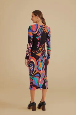 FARM Rio  Robes Midi<Robe midi noire en viscose Vibe Lenzing™ Ecovero™ années 70