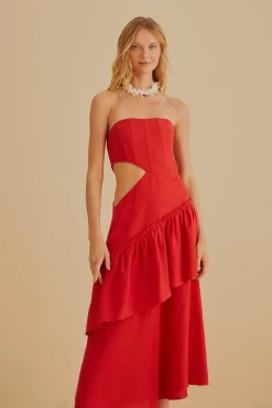 FARM Rio  Robes Midi<Robe midi sans bretelles découpée rouge