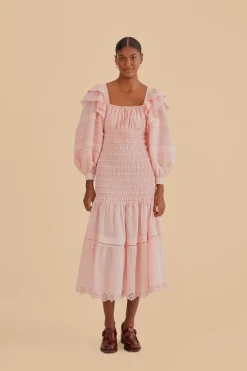 FARM Rio  Robes Midi<Robe midi smockée rose clair à manches longues