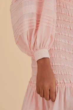 FARM Rio  Robes Midi<Robe midi smockée rose clair à manches longues