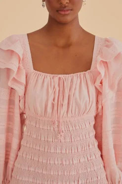 FARM Rio  Robes Midi<Robe midi smockée rose clair à manches longues