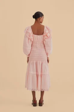 FARM Rio  Robes Midi<Robe midi smockée rose clair à manches longues