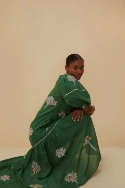 FARM Rio  Robes Midi<Robe midi verte en coton biologique avec arbres brodés