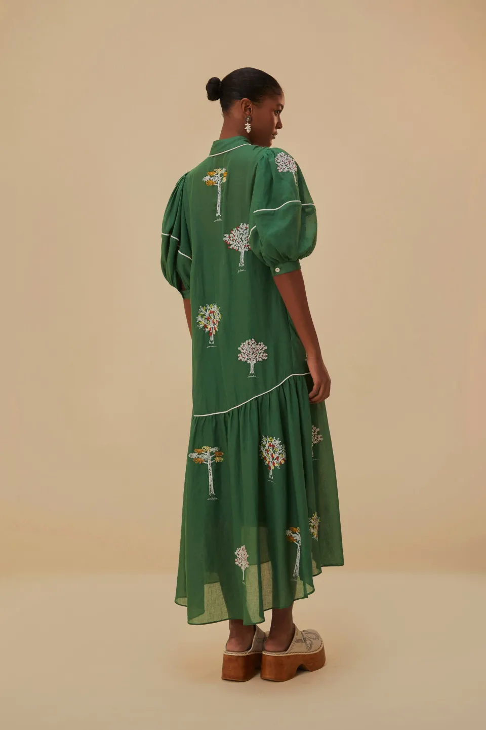 FARM Rio Robes Midi<Robe midi verte en coton biologique avec arbres brodés