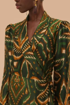 FARM Rio  Robes Midi<Robe mi-longue à manches longues en ikat avec motif ananas vert