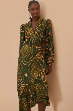FARM Rio  Robes Midi<Robe mi-longue à manches longues en ikat avec motif ananas vert