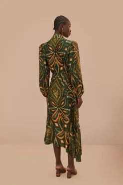 FARM Rio Robes Midi<Robe mi-longue à manches longues en ikat avec motif ananas vert