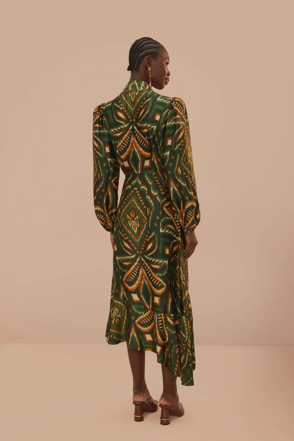 FARM Rio Robes Midi<Robe mi-longue à manches longues en ikat avec motif ananas vert