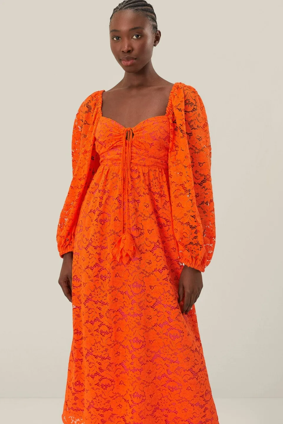 FARM Rio Robes Midi<Robe mi-longue à manches longues en dentelle orange
