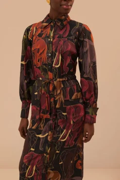 FARM Rio  Robes Midi<Robe mi-longue à manches longues avec éléphants marron