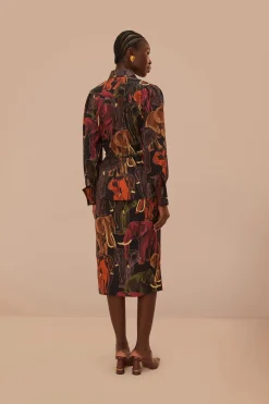 FARM Rio  Robes Midi<Robe mi-longue à manches longues avec éléphants marron