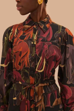 FARM Rio  Robes Midi<Robe mi-longue à manches longues avec éléphants marron